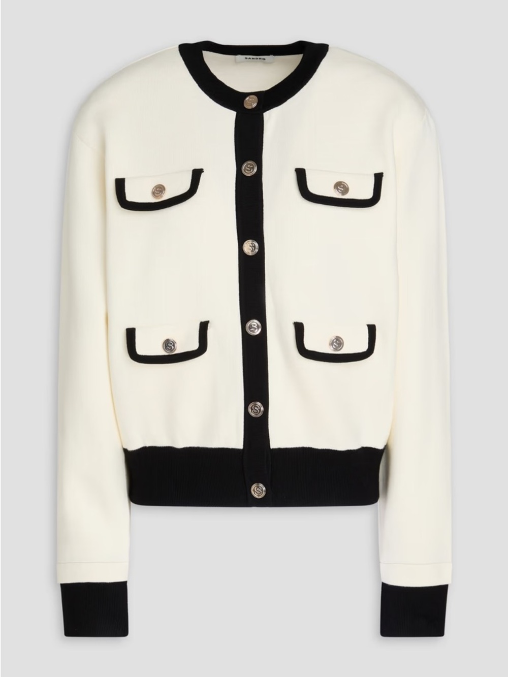 SANDRO Two-Tone Contrast Trim Button Front Cardigan Ivory Black Size US 4 Small